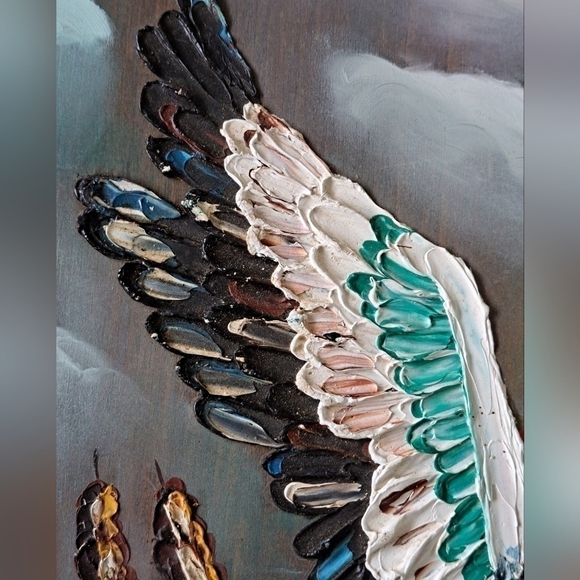 Rosi Art Oil Artist On Wood Painting Original Mallard Duck In Flight Cattails - Picture 2 of 12